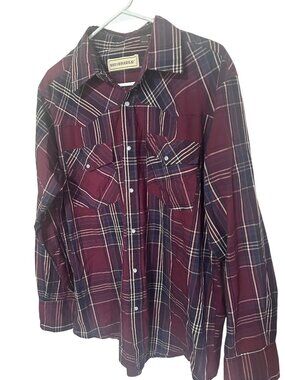 Bit & Bridle red blue and tan plaid snap front shirt size L